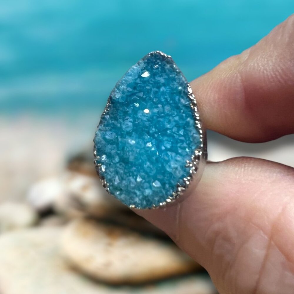 Light teal Druzy quartz silver ring expandable